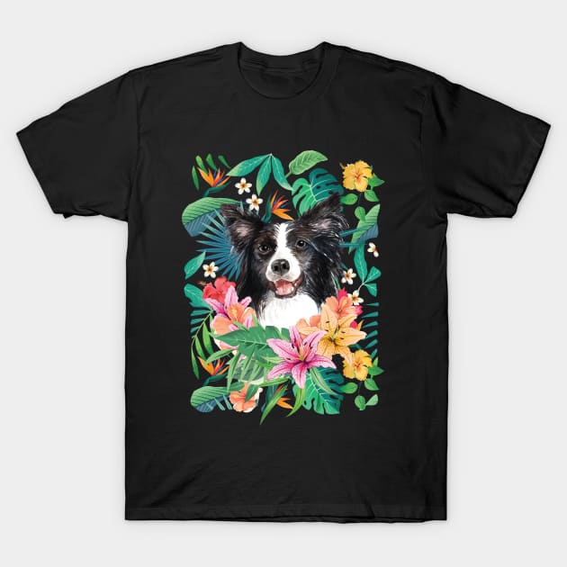 Tropical Black White Border Collie 2 T-Shirt by LulululuPainting